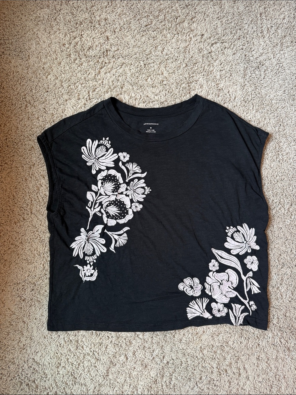 Black Short Sleeve Floral Embroidered Tee